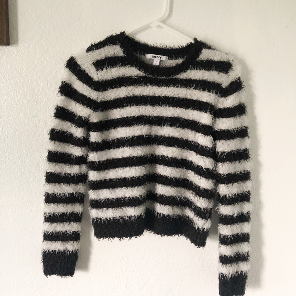 DKNY fuzzy black and white sweater